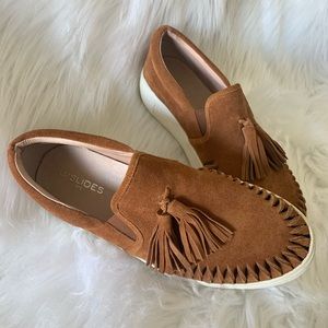 J Slides brown suede moccasin look slip on sneaker